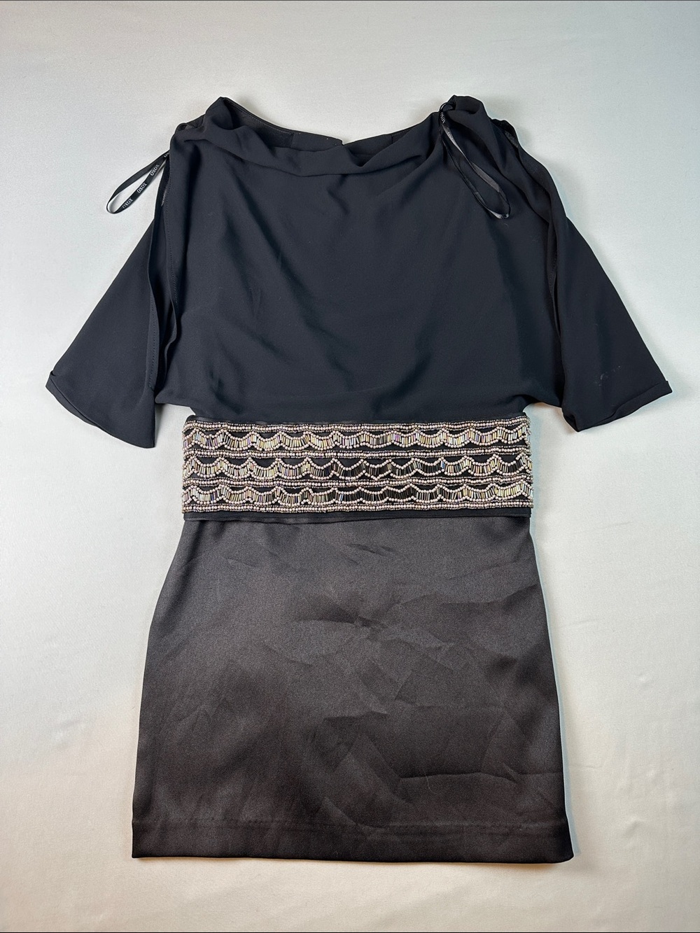 XOXO Black Dress Size 6 Open Back Fly Away Arms Sheer Sequin Bold Belt Tie Back